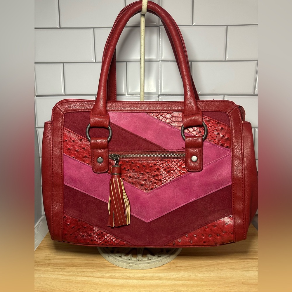 Red Patchwork chevron Satchel Purse Faux Leather Suede Look with shoulder strap